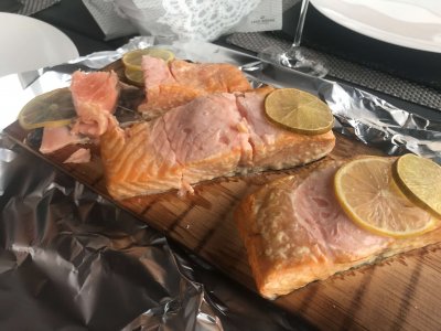 Salmon on a plank