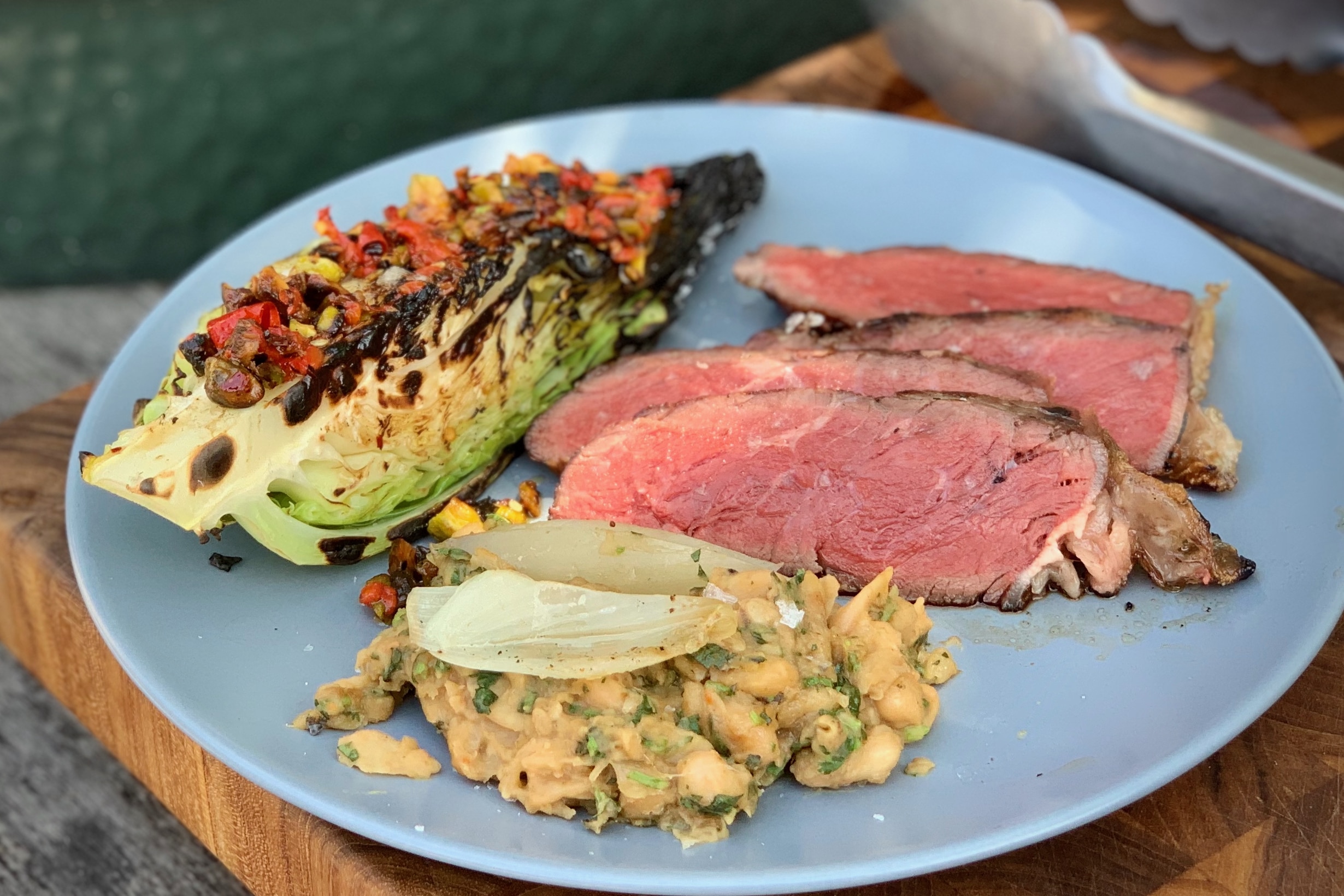 Hispi Cabbage, white bean mash and steak
