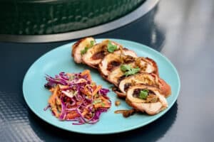 photo of Chicken breast stuffed with black pudding and nduja on a plate