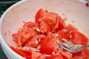 La Mams tomato salad photo of La Mams tomato salad in a white bowl