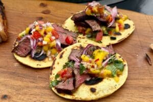 Beef Fillet Tacos served on a board